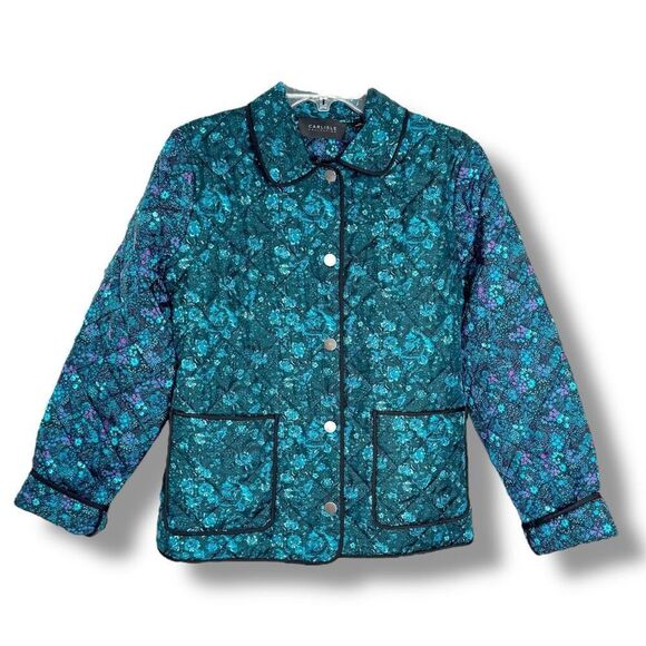 Carlisle Collection Blue Floral Snap Front Collared Silk Quilted Jacket Size 12 - Picture 7 of 9